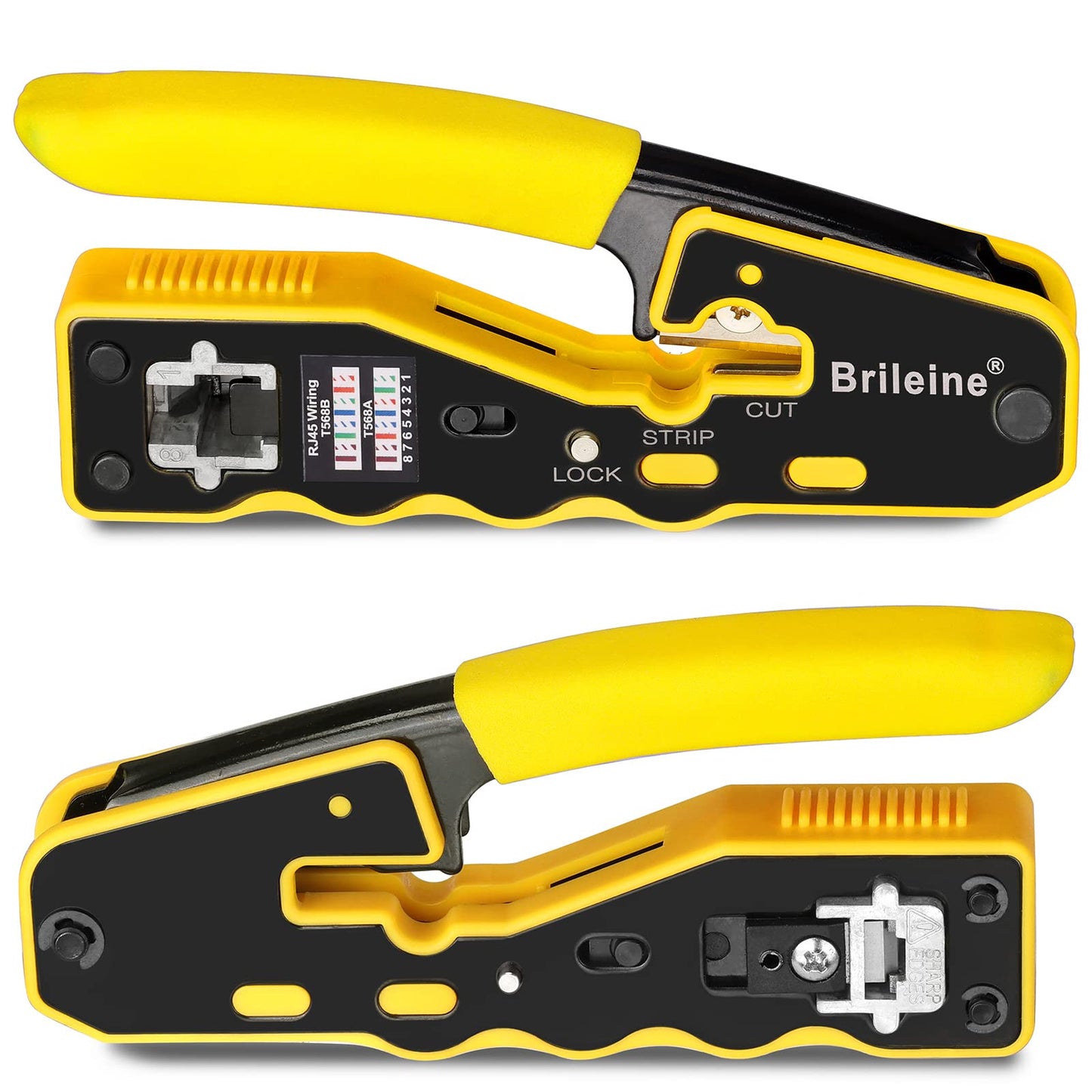 Brileine RJ45 Crimp Tool Pass Through RJ45 Crimper All-in-one Ethernet Crimper Kit with 50PCS Cat5e Cat6 RJ45 Pass Through Connectors, 50PCS Covers, Mini Wire Stripper