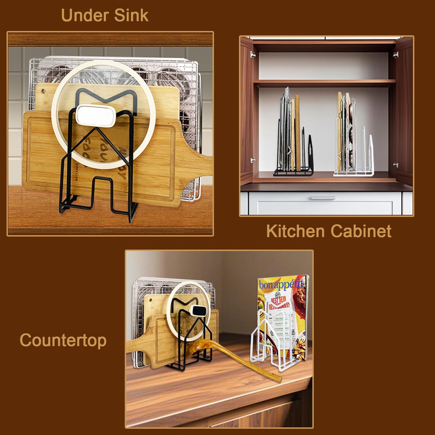 Cutting Board Racks Holders Pot Pan Lids Holders Chopping Board Organizers Thin Bakeware Trays Dry Display Stands Kitchen Countertop Cabinet Office Black