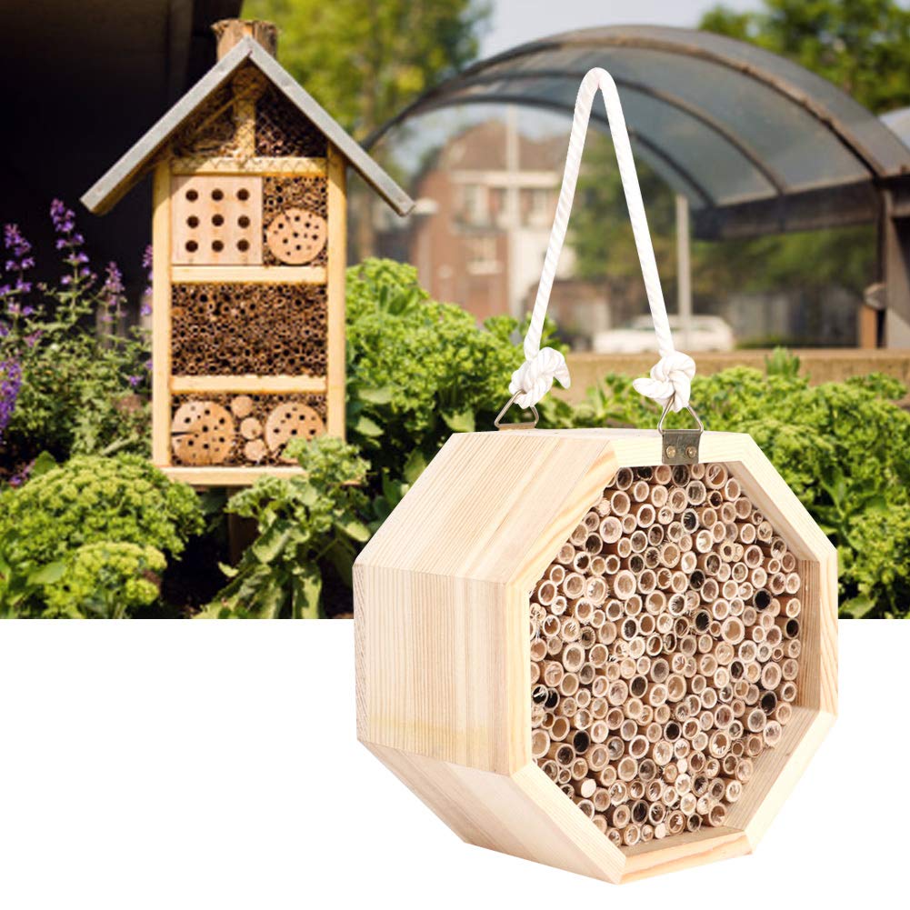 Wooden Bee House, Outdoor Hanging Shelter Bird House Butterfly Ladybirds Hotel Built Bee Box Carpenter