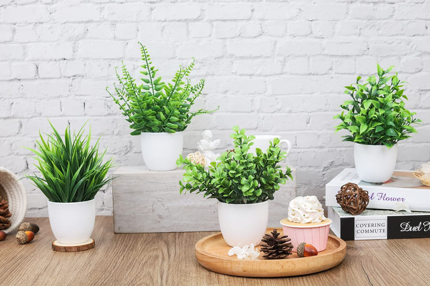 Der Rose Fake Plants 4 Packs Artificial Plants Small Faux Plants in White Pot for Bathroom Home Office Table Decor Indoor