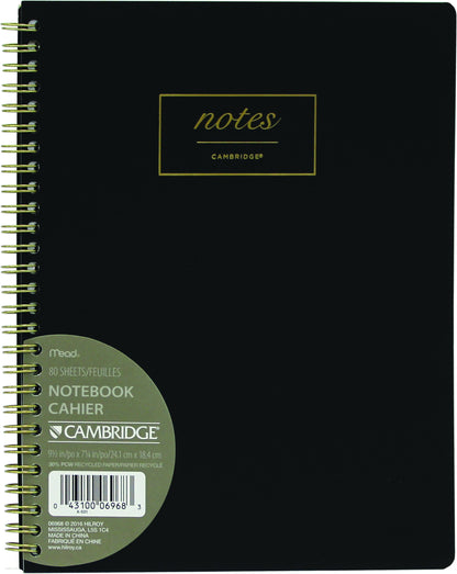 Cambridge Business Notebook, 7-1/2" x 9-1/2", Work Style Notes, Soft Touch Cover, Twin Wirebound, Lay Flat, 160 Pages/80 Sheets, Black Cover (06968)