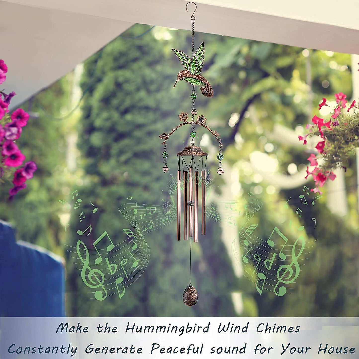 Wind Chimes - Green Hummingbird Wind Chimes for Outside Deep Tone 34 inches 5 Aluminum Tubes, Birthday, Mother's Day, Hummingbird Gifts for Mom, Grandma, Decorations for Home, Garden, Patio, Backyard
