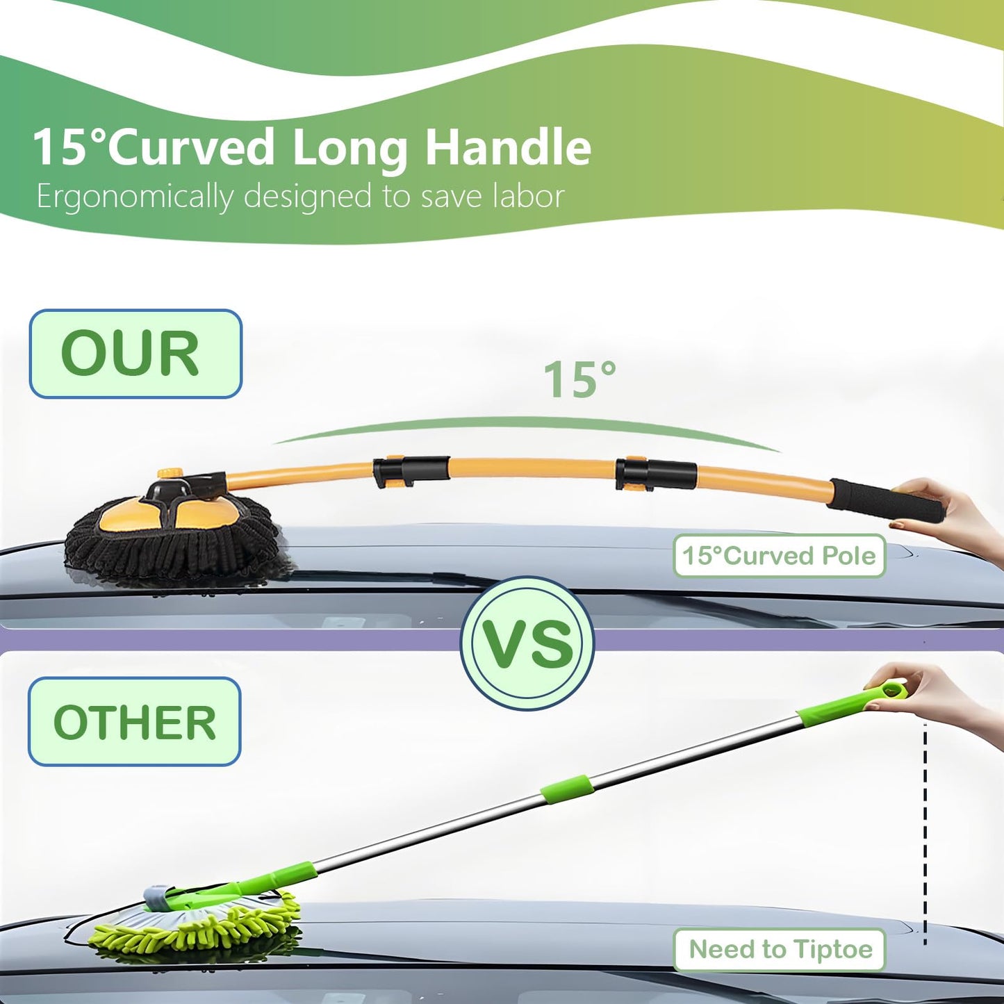 43" Car Wash Brush with Long Handle, Car Wash Mop with 2 Replaceable Microfiber Head, 15° Telescopic Curved Microfiber Cleaning Mop Car Washing Kit for RV Truck Camper Automotive Broom Accessories