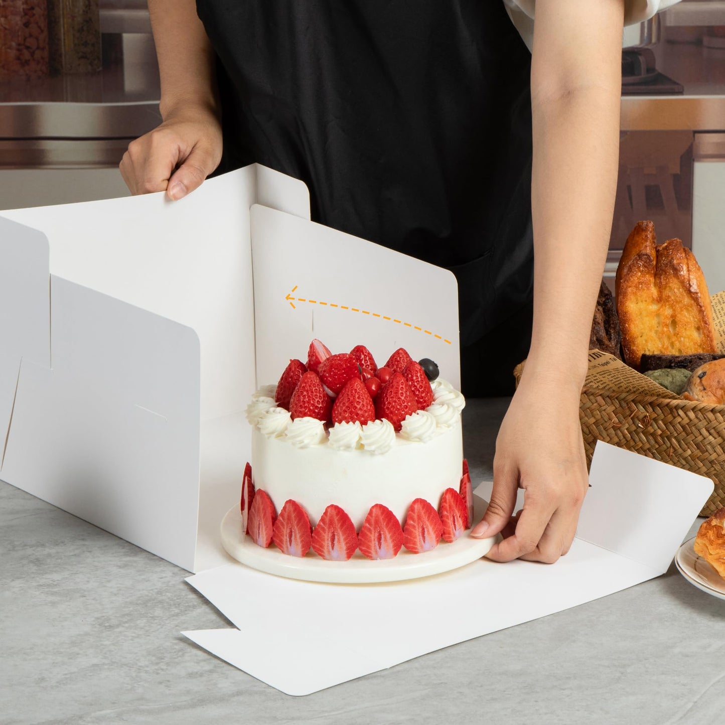 T-Language Cake Boxes and Boards Set (10 boxes & 10 boards) - 10x10x8 Inches White Bakery Boxes with Stickers, Red Ribbons for Multi-Layer Cakes and Cake Decorating