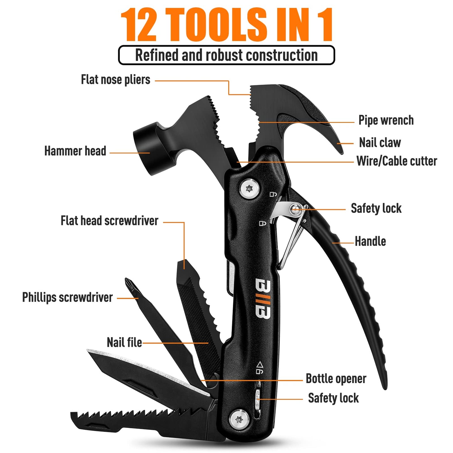 BIIB Gifts for Men, 12 in 1 Hammer Multitool Birthday Gifts for Men, Mens Gifts for Him Dad Husband Grandpa, Fathers Day Dad Gift from Daughter Wife, Camping Accessories Gear, Fathers Day Gift Ideas