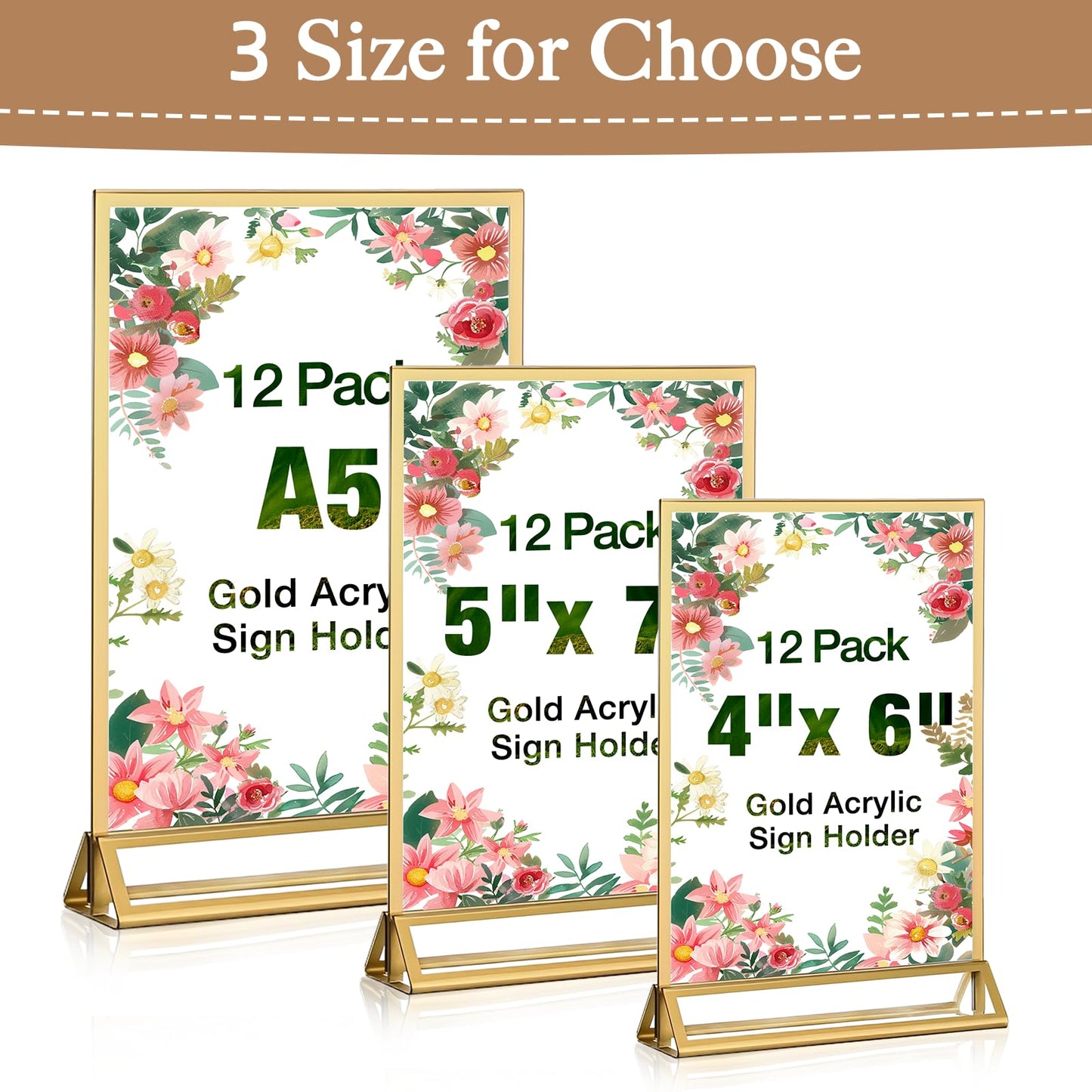 RUITENG 12 Pack Acrylic Sign Holder, 4x6 Clear Gold Frame Display Stand, Double Sided Picture Menu Flyer Holders, Wedding Table Number Frames for Cards Photo Party Decoration (4" x 6")