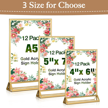 RUITENG 12 Pack Acrylic Sign Holder, 4x6 Clear Gold Frame Display Stand, Double Sided Picture Menu Flyer Holders, Wedding Table Number Frames for Cards Photo Party Decoration (4" x 6")