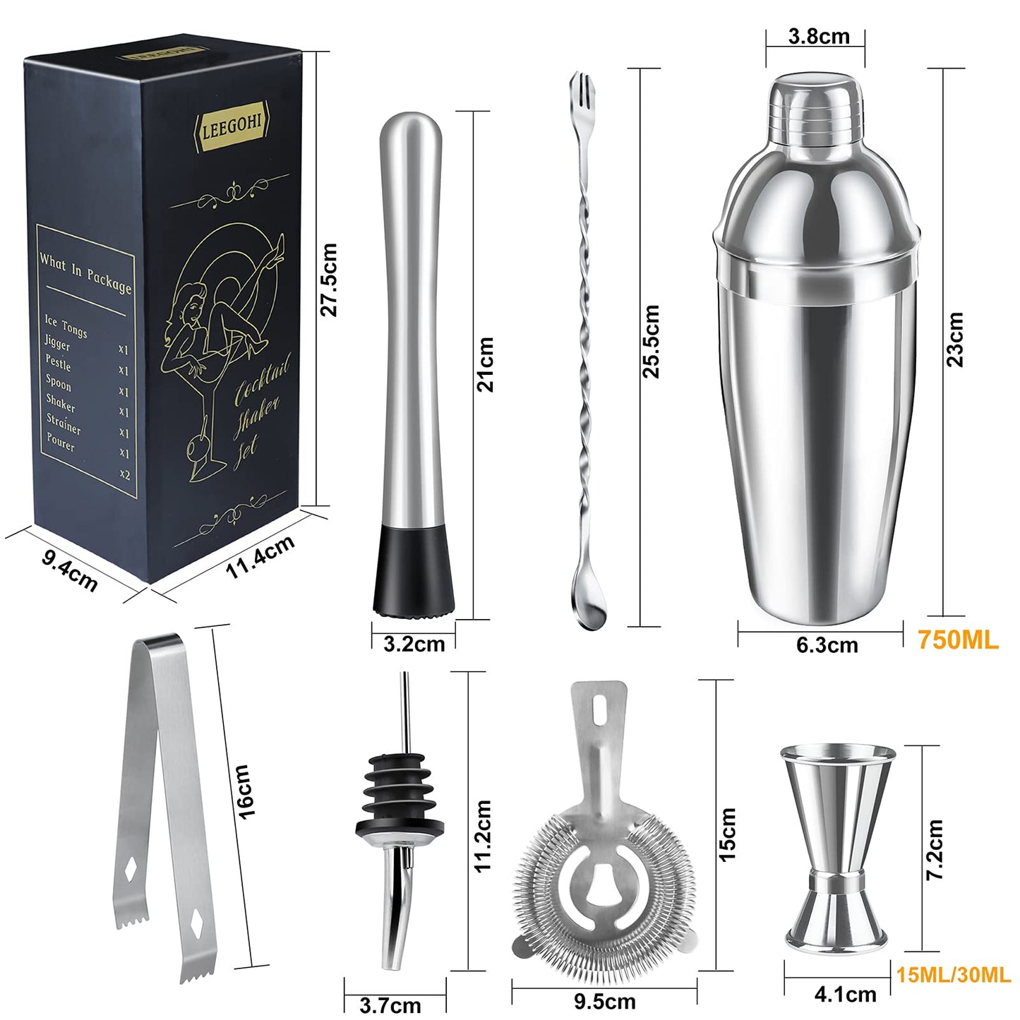 Cocktail Shaker Set|8pcs Cocktail Making Set Stainless Steel 750ml Shakers|Bartender Kit Bar Tool Set with Strainer, Pourers, Muddler, Double Jigger, Mixing Spoon at Home & Bar Gift Set