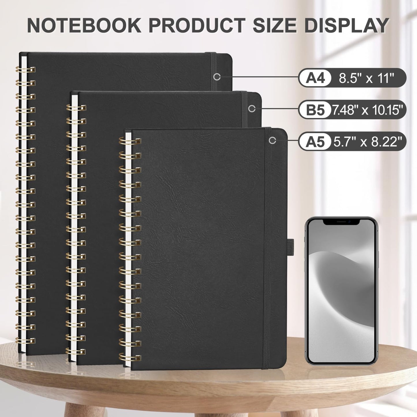 AHGXG Dotted Journal Spiral Notebook 8.5" x 11", Large A4 Leather Hardcover Dotted Notebook, 100 GSM Thick Dot Grid Paper, Inner Pocket, Black