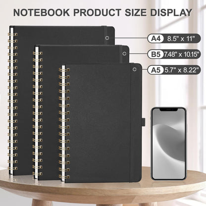 AHGXG Dotted Journal Spiral Notebook 8.5" x 11", Large A4 Leather Hardcover Dotted Notebook, 100 GSM Thick Dot Grid Paper, Inner Pocket, Black