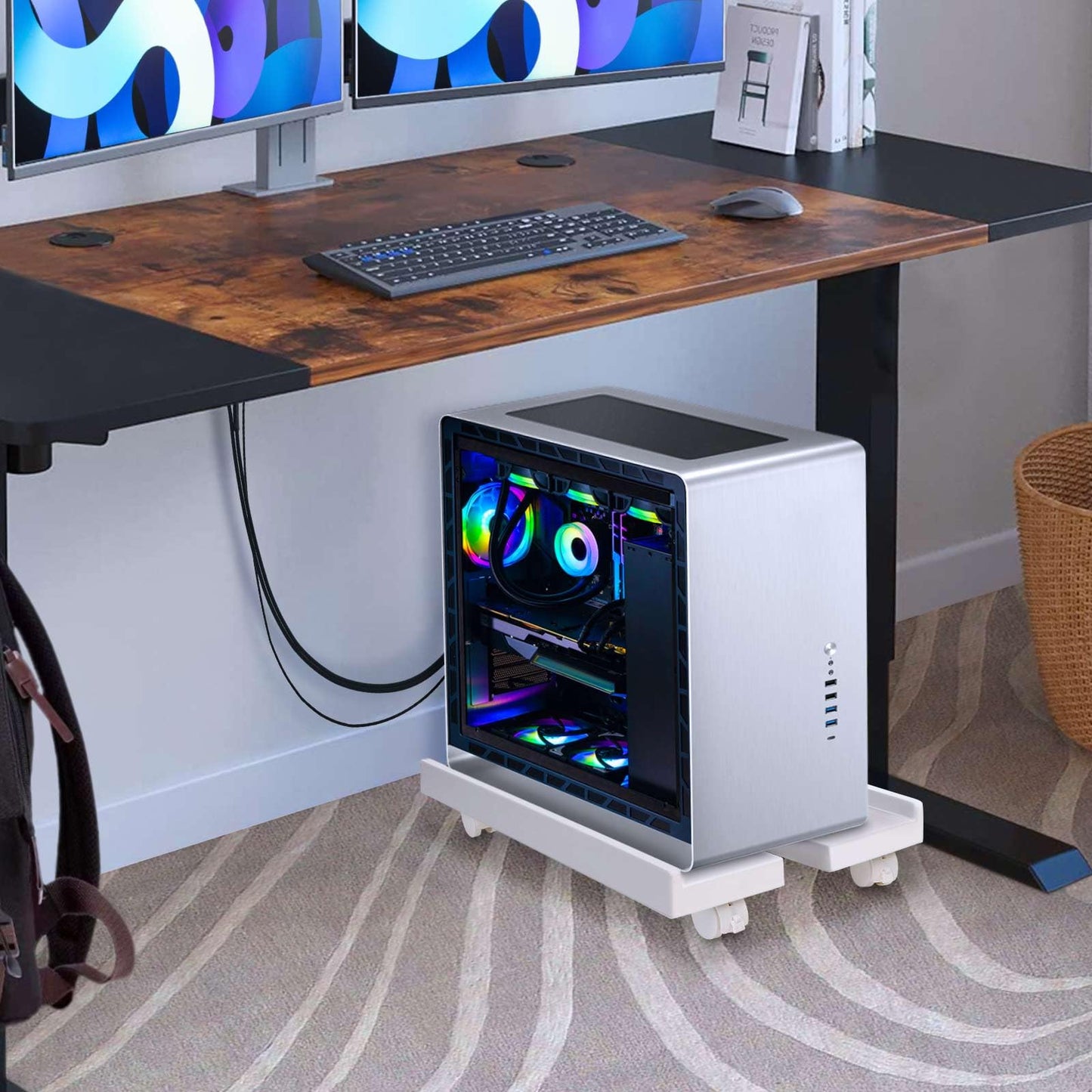 Seloom Adjustable Mobile CPU Stand, Heavy-Duty Desktop Stand with Rolling Caster Wheels, PC Riser Fits Most PC Gaming Desk Office