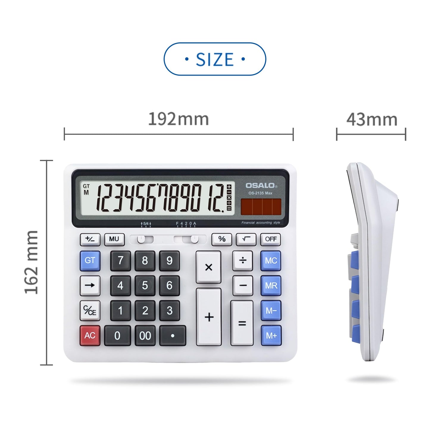 Desktop Calculator Extra Large LCD Display 12-Digit Big Number Accounting Calculator with Giant Response Button, Battery & Solar Powered, Perfect for Office Business Home Daily Use(OS-2135CA)