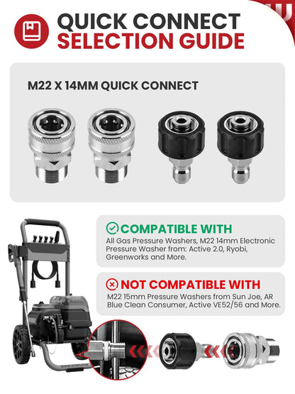 WOJET Pressure Washer Quick Connect Kit, M22 14mm Quick Connect Pressure Washer Fittings, M22 to 3/8 Quick Connect, Garden Hose Quick Connect, Pressure Washer Adapter Set, Stainless Steel Hose Adapter