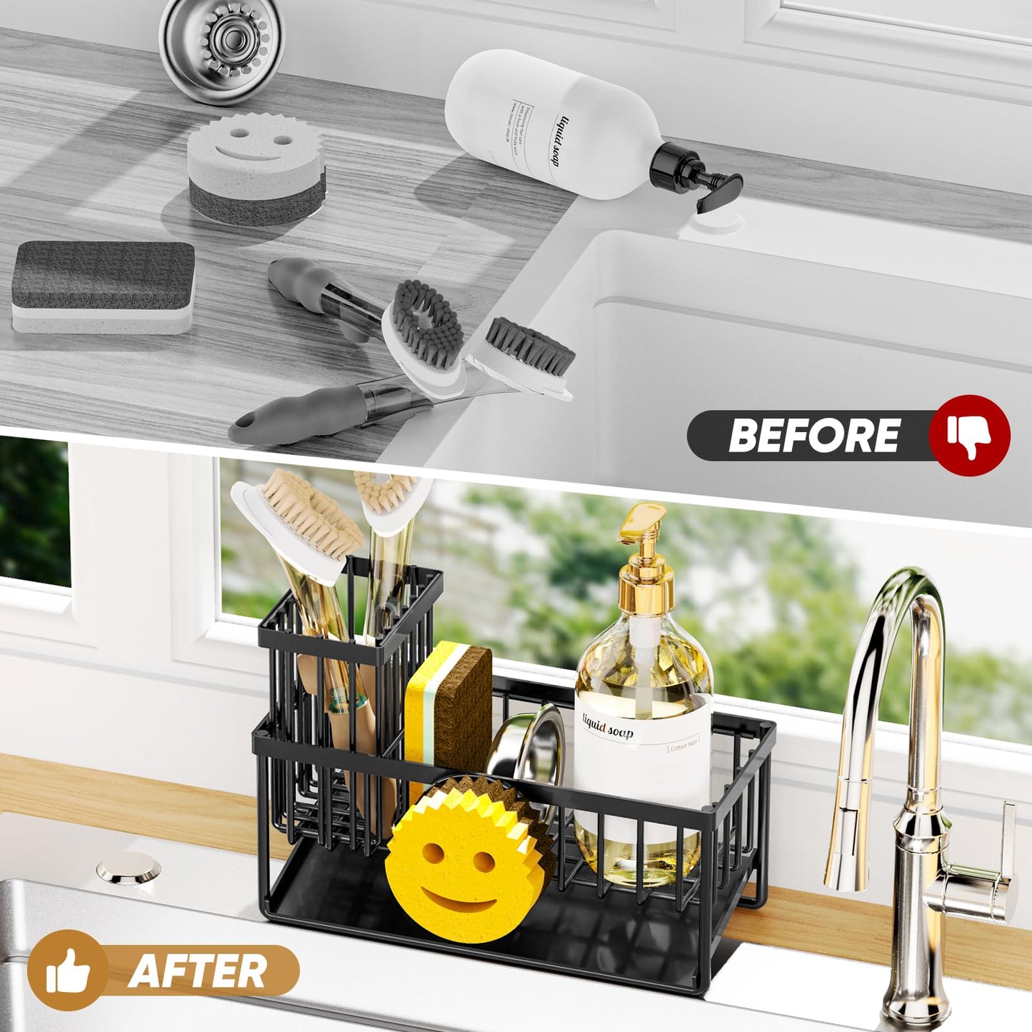 Sponge Holder for Kitchen Sink,Smiley Face Sink Caddy with Removable Brush Holder,Self-Draining Sponge Caddy for Soap,Dish Brush,Scrubber,Kitchen Essentials and Gadgets Essentials and Gadgets