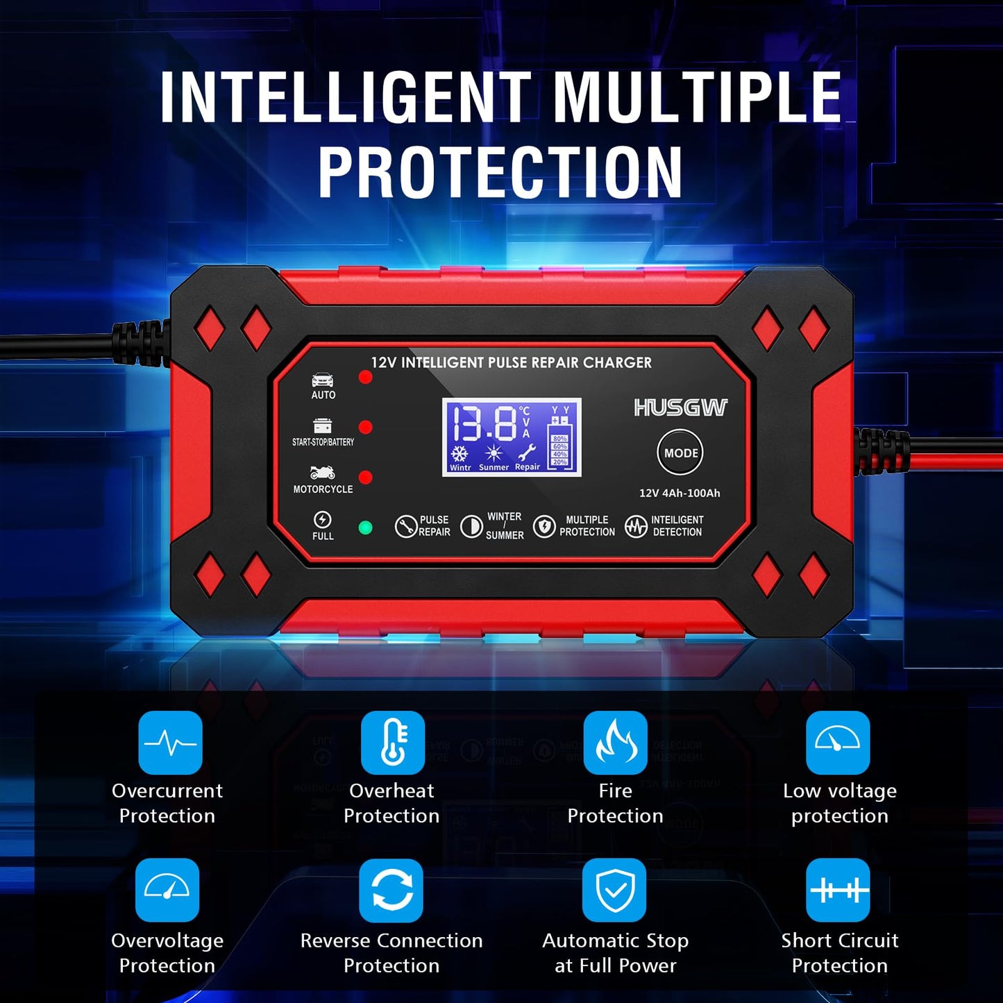 Car Battery Charger, 12V/6A Smart Battery Charger with Pulse Repair, Suitable for Cars, Marine Lead Acid Batteries