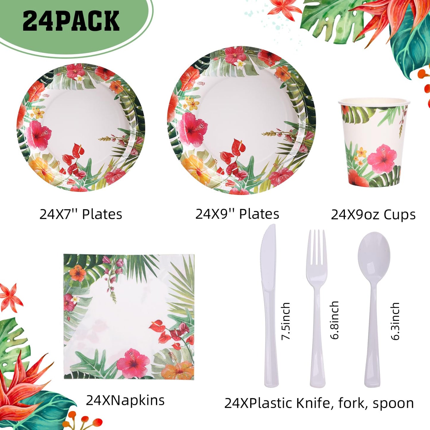 SIMYFOIN Hawaiian Tropical Beach Theme Party Decorations Disposable Floral Paper Plates and Napkins Set for 24 Guest Beach Luau Birthday Summer Paper Plate Tableware