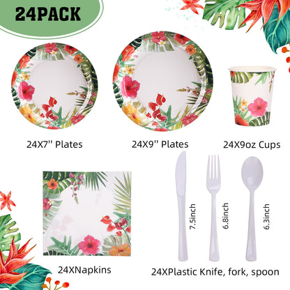 SIMYFOIN Hawaiian Tropical Beach Theme Party Decorations Disposable Floral Paper Plates and Napkins Set for 24 Guest Beach Luau Birthday Summer Paper Plate Tableware