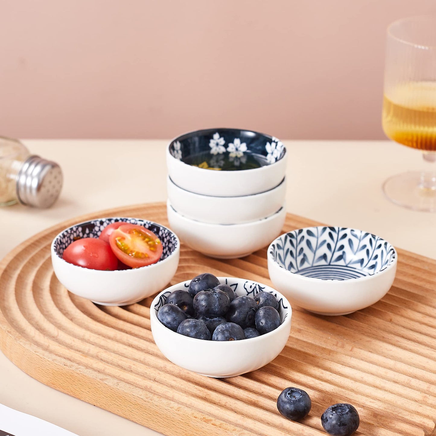 Swuut Japanese Style Ceramic Dipping Bowls,3'' Small Pinch Bowls Set Side Sauce Cups,Dishes for Sushi,Snack and Soy,BBQ,2.5 Oz Blue and White Mini Bowl for Kitchen Prep - Set of 6 (3 inch)
