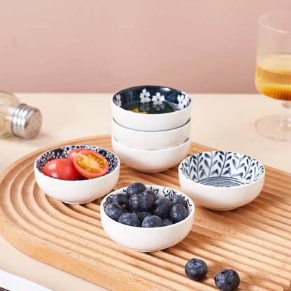 Swuut Japanese Style Ceramic Dipping Bowls,3'' Small Pinch Bowls Set Side Sauce Cups,Dishes for Sushi,Snack and Soy,BBQ,2.5 Oz Blue and White Mini Bowl for Kitchen Prep - Set of 6 (3 inch)