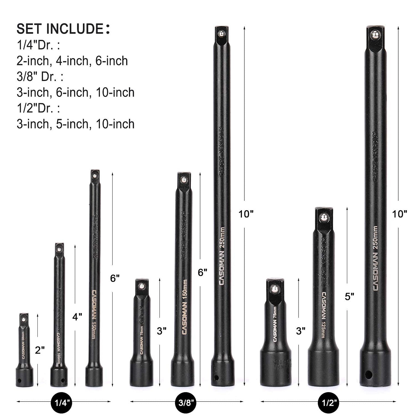 CASOMAN 9 Pieces Extension Bar Set, 1/4", 3/8" and 1/2" Drive Socket Extension, Premium Chrome Vanadium Steel with Black Phosphate Finish
