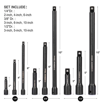 CASOMAN 9 Pieces Extension Bar Set, 1/4", 3/8" and 1/2" Drive Socket Extension, Premium Chrome Vanadium Steel with Black Phosphate Finish