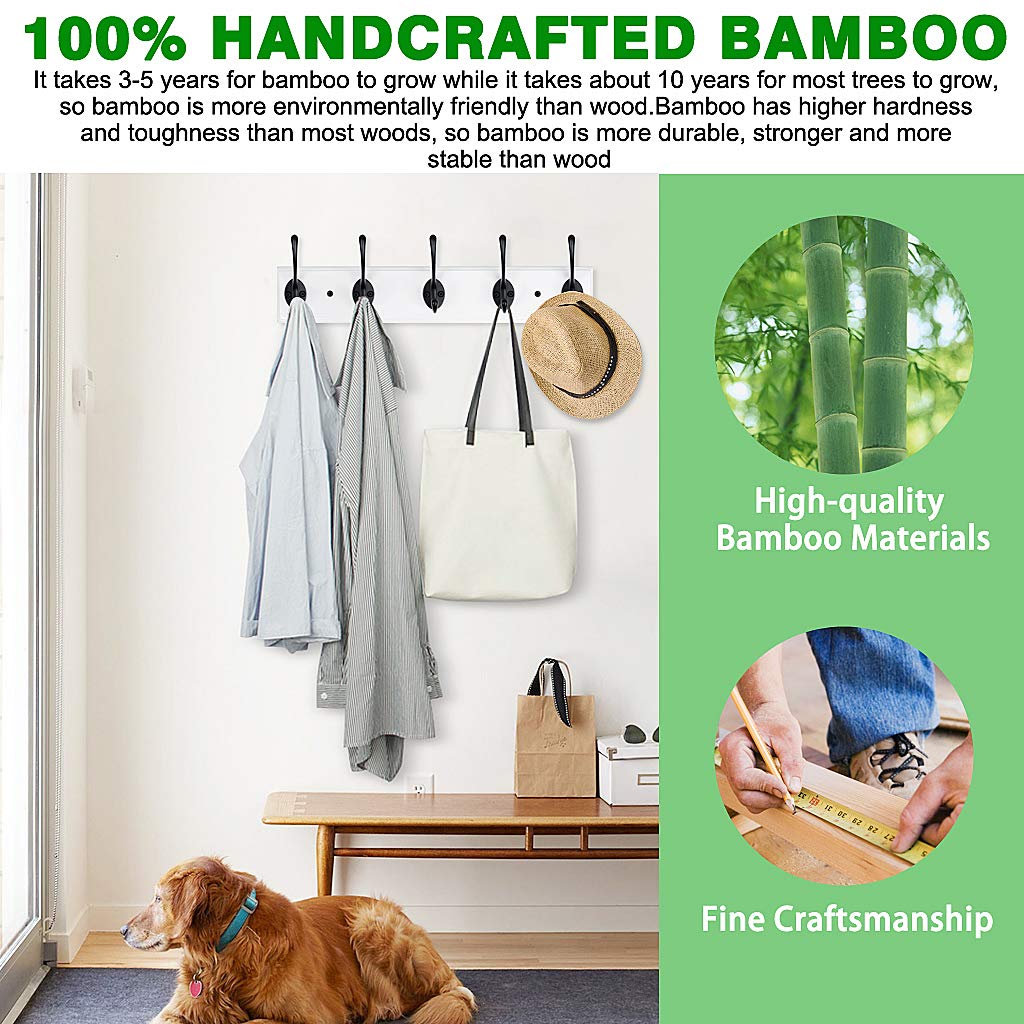 RUTAI Wall Mounted Coat Rack,Bamboo 17 inch Wall Hanging Shelf with 5 Black Dual Hooks for Hallway,Bathroom,Living Room,Bedroom,2 Pack,White