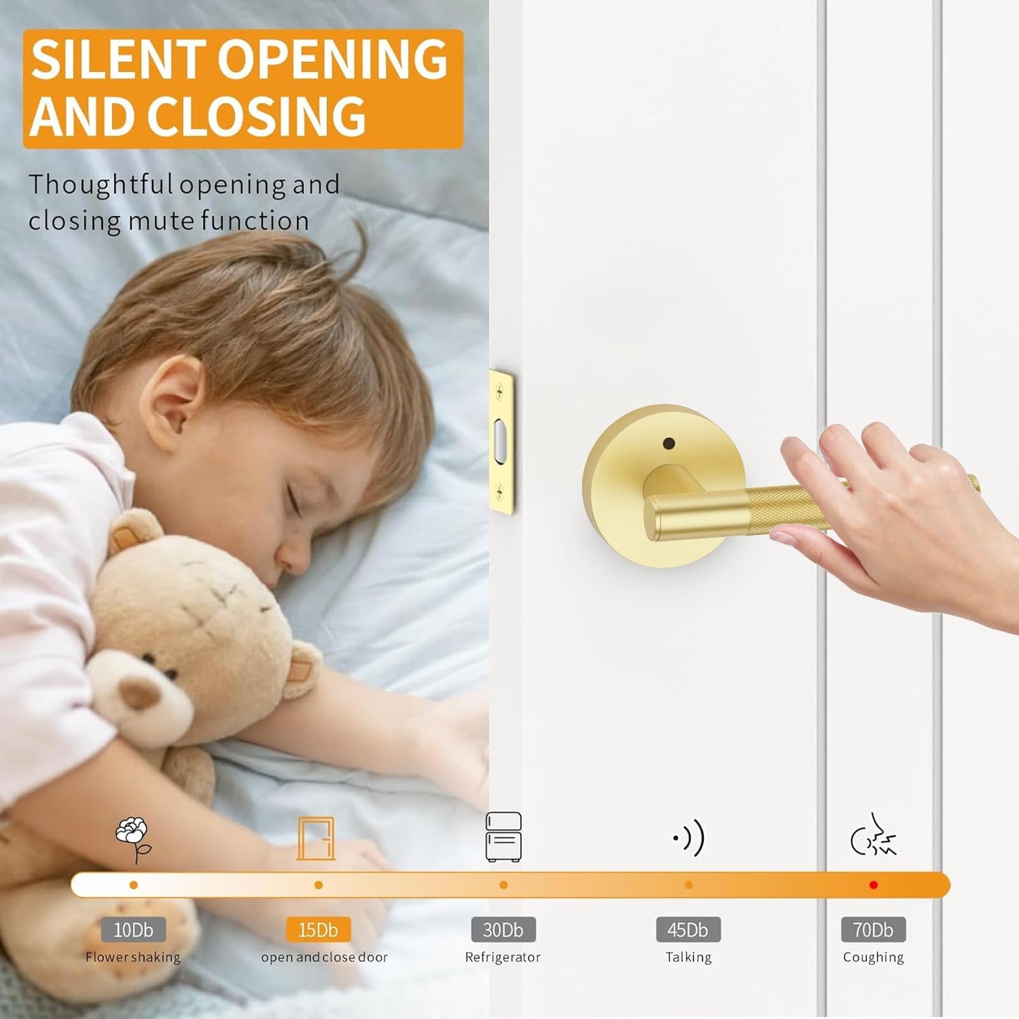 Amerdeco Brushed Gold Privacy Knurled Door Handles, Heavy Duty Interior Bedroom and Bathroom Lever, 1 Pack (AM0016)