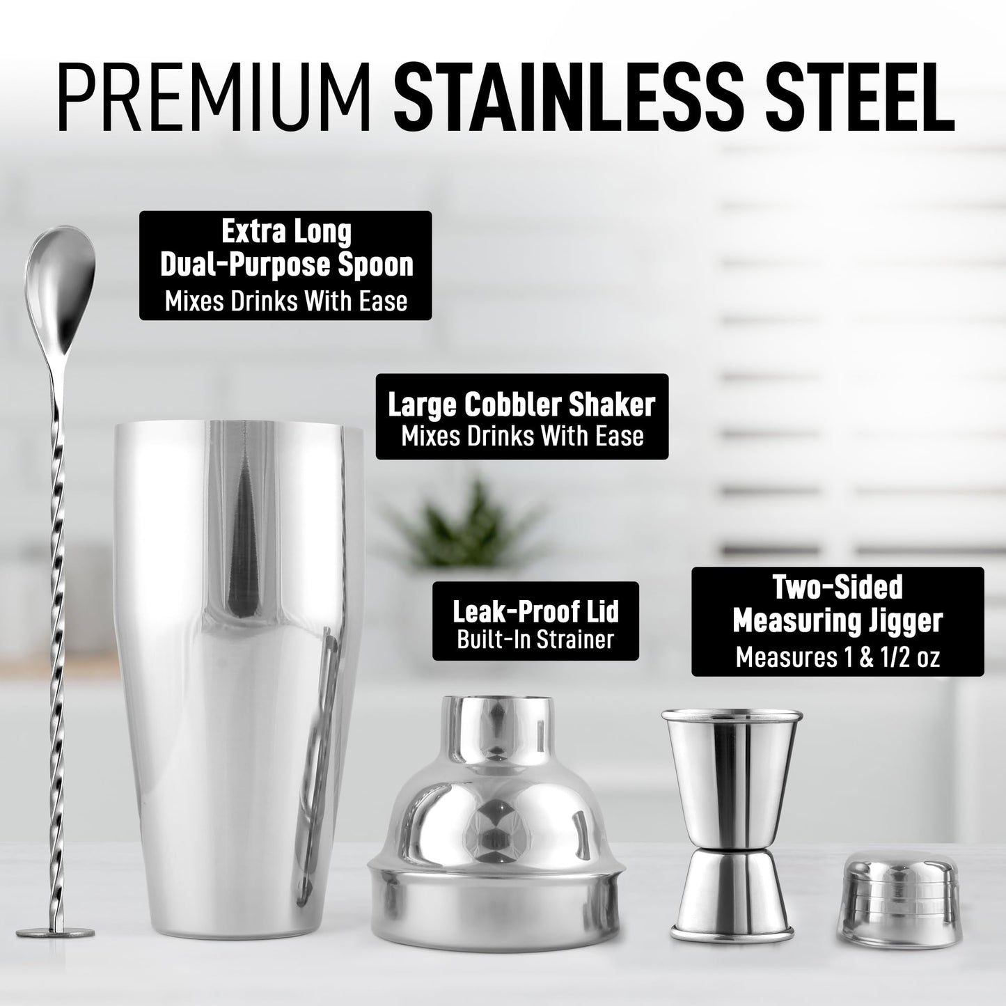 Zulay Kitchen 24 oz Stainless Steel Cocktail Shaker Set - Mixed Drink Shaker - Martini Shaker Set with Built in Strainer, Double Sided Jigger & Combo Muddler Mixing Spoon - Pro Margarita Shaker