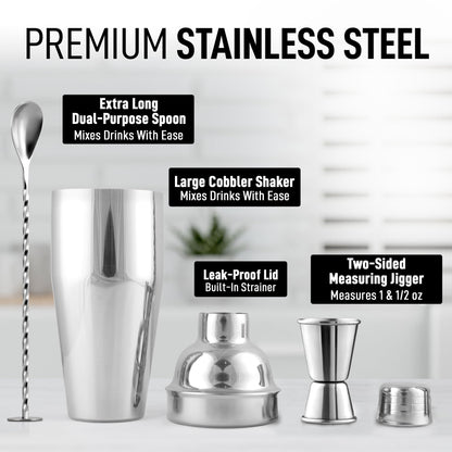 Zulay Kitchen 24 oz Stainless Steel Cocktail Shaker Set - Mixed Drink Shaker - Martini Shaker Set with Built in Strainer, Double Sided Jigger & Combo Muddler Mixing Spoon - Pro Margarita Shaker