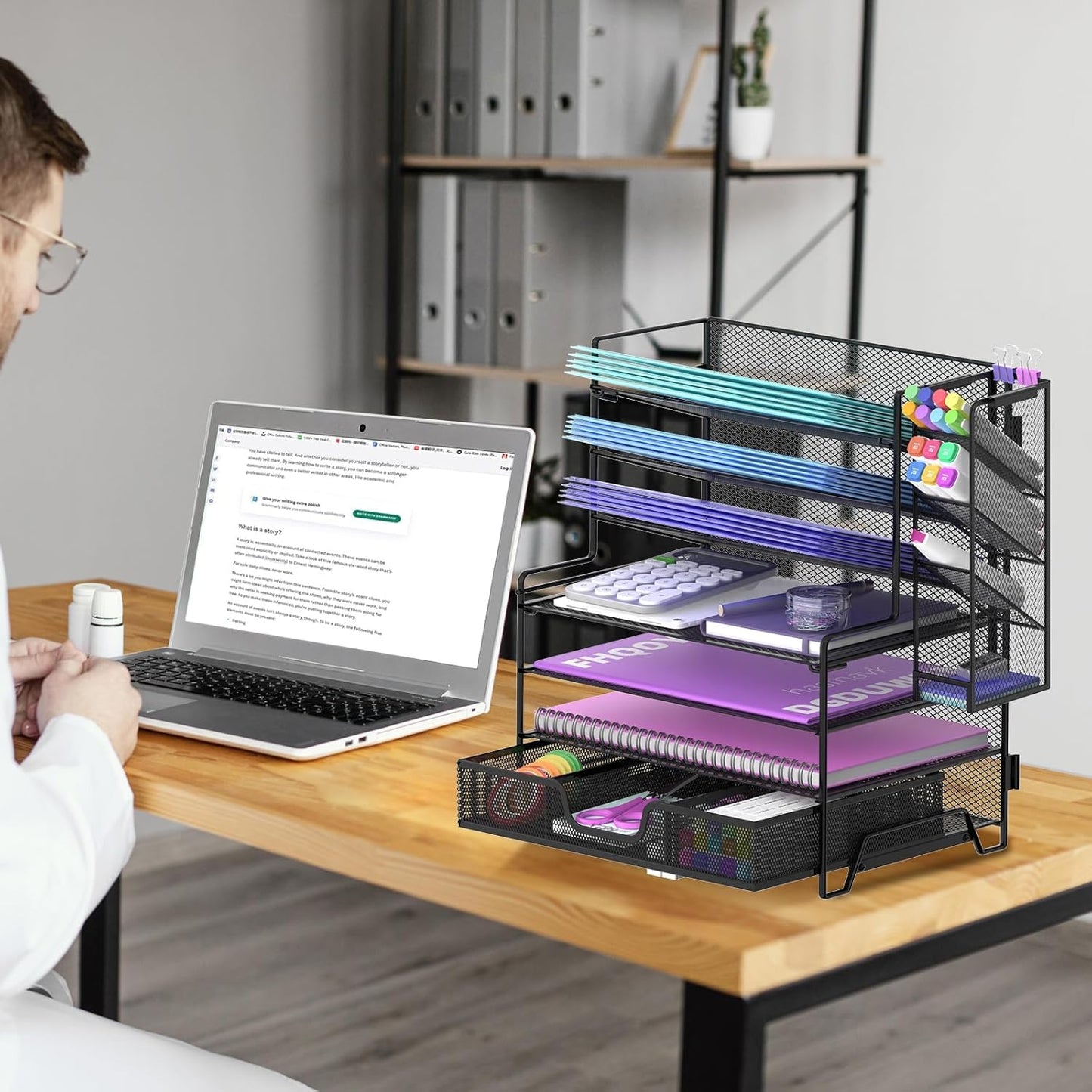 Reeplan 4 Tier Paper Organizer with File Holder and Pen Holder, 7 Tier Desk File Organizer, Desk Organizers and Accessories for Office Home School, Black