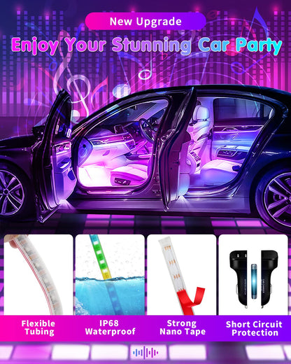 RGB Interior Car Strip Lights with Smart APP Control, Music Sync Under Dash Footwell Neon Internal Lighting Kit Multicolor,12V LED Strip Lights for Cars, Trucks, SUVs with Car Charger(1 Set)