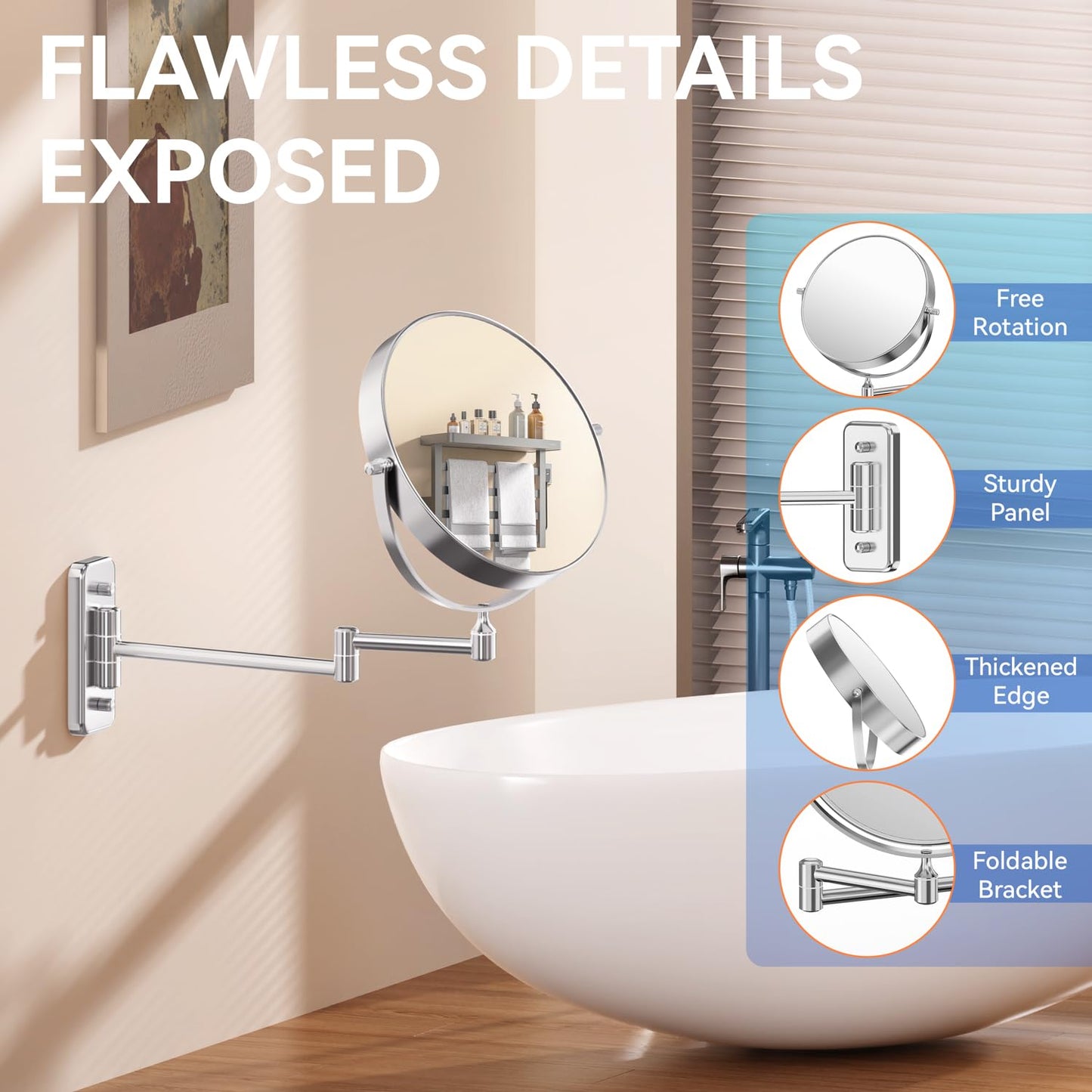 Auxmir 20X/1X Wall Mounted Makeup Mirror, 8" Double-Sided Magnifying Mirror with Tweezers, Bathroom Vanity Makeup Mirror, Cosmetic Mirror with 360° Swivel Extendable Arm, Chrome