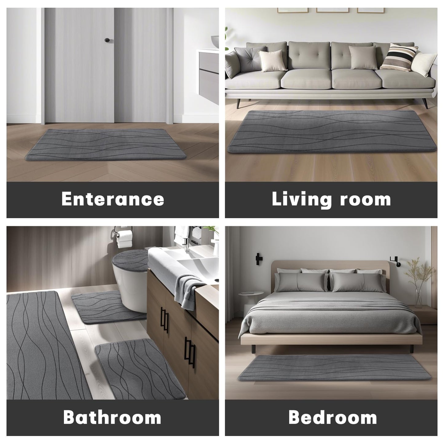 YIHOUSE Memory Foam Grey Bath Mat Set 2 Piece, Ultra Absorbent Bath Mat for Bathroom - Non-Slip Machine Washable & Dry Quickly, 2 Piece Bathroom Mat Set, Dark Grey