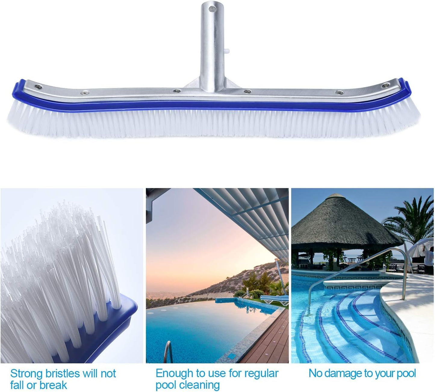 VABNEER Swimming Pool Brush 18 inches Durable Plastic Brush Head with Aluminium Handle and Enhanced Aluminium Back for Swimming Pool, Pond, Spa, Hot Spring, Tubs, Walls, Tile, Floors (Blue
