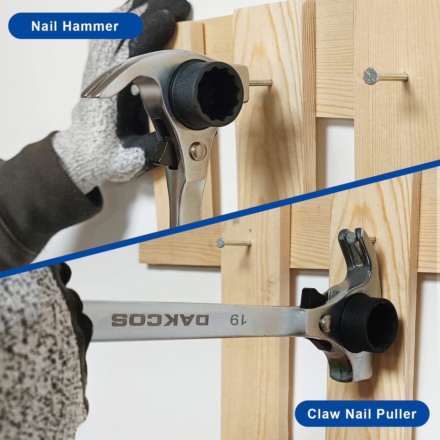 DAKCOS 4-in-1 Ratchet Podger Wrench, 19x22mm Multifunctional Scaffold Ratchet Spanner with Pry bar, Hammer & Claw Nail Puller (Silver)