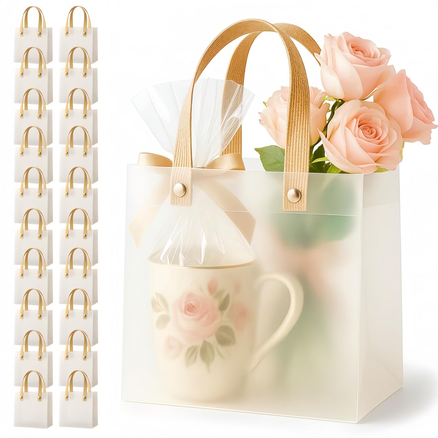Clear Gift Bags with Handles 20 Pack | Semi-Transparent Favor Bags Frosted Loot Bags Medium Gift Bags | Reusable Plastic Goodie Treat Bags for Wedding, Birthday Party, Baby Shower & Small Business Boutique | 7.9x7.9x3.5in Mid-Size