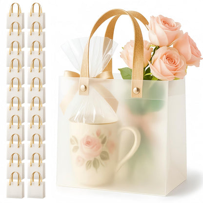 Clear Gift Bags with Handles 20 Pack | Semi-Transparent Favor Bags Frosted Loot Bags Medium Gift Bags | Reusable Plastic Goodie Treat Bags for Wedding, Birthday Party, Baby Shower & Small Business Boutique | 7.9x7.9x3.5in Mid-Size