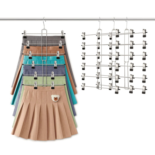 WYLWLS Pant Hangers, Pant Hangers with Clips,Skirt Hangers with Clips, 4 Pcs Tiered Skirt Hanger, Clothes Hangers Space Saving,Non Slip Hangers for Pants, Foldable,College Dorm Room Essentials