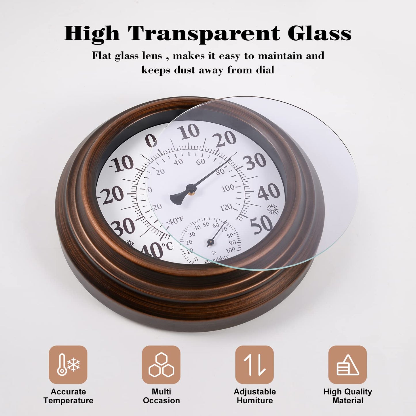 8'' Indoor Outdoor Thermometer Hygrometer - Premium Steel Outdoor Instant Read Thermometer, Decorative Outdoor Thermometers for Patio, Wall Thermometer Battery Free