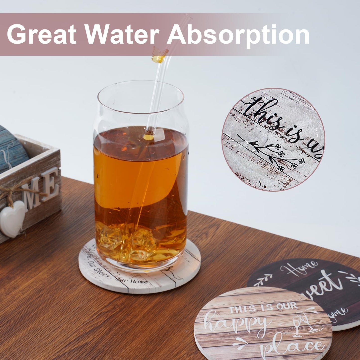 Witwatia Coasters for Drinks 6 Set with Holder, Housewarming Gifts New Home Wood Rustic Farmhouse Coaster with 6 Spoons, Funny Coasters for Coffee Table, Absorbent Drink Coaster for Room Bar Decor