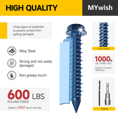 Mywish 100Pcs 1/4 x 1-1/4" Concrete Screws, Slotted Hex Washer Head Masonry Screws Anchor Kit with 3/16 Drill Bit, Stucco Screws, Self Tapping Screws for Anchoring to Masonry, Block or Brick Stucco