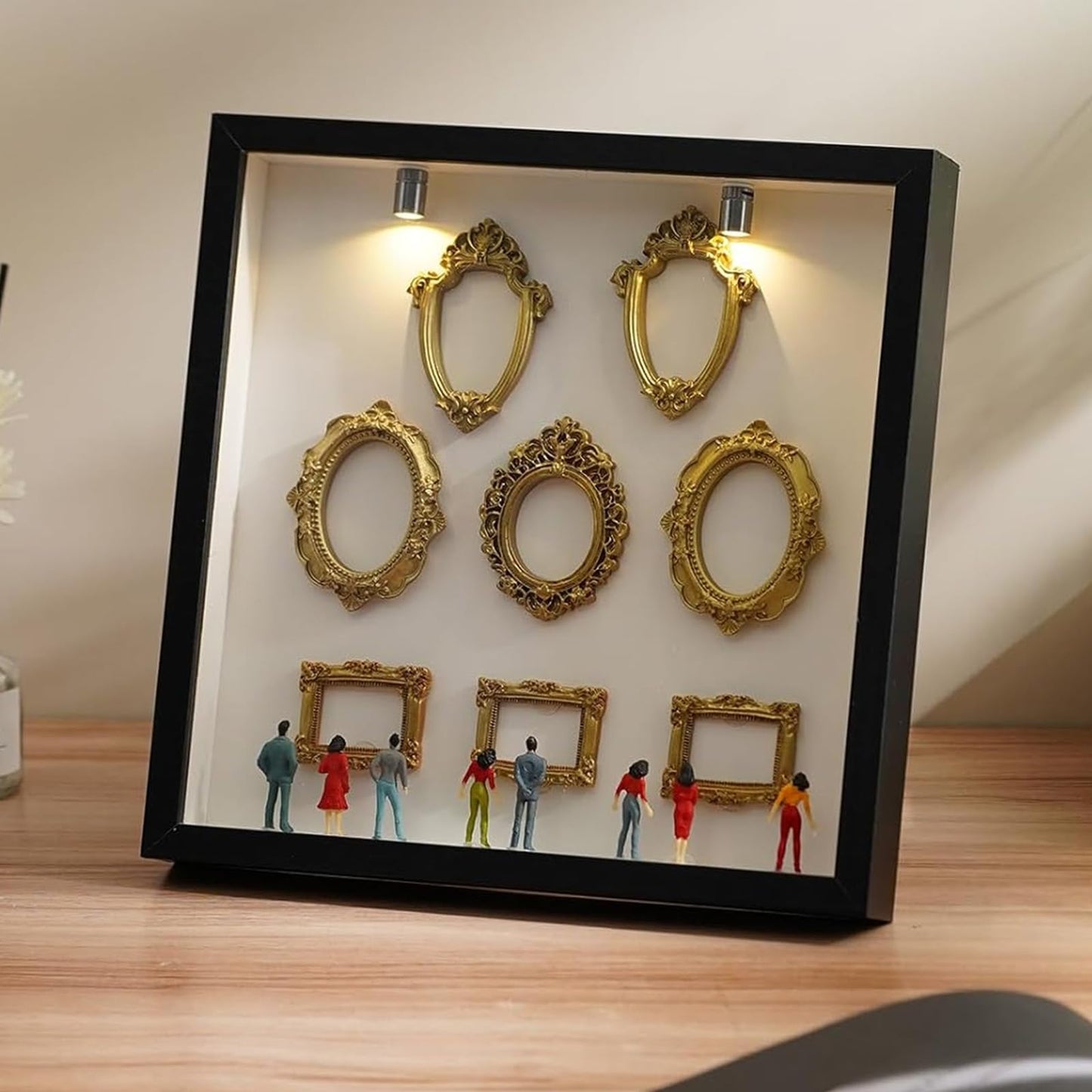 DIY Mini Museum Silhouette Box, Museum of Us Box Celebrate Your Unique Memories in Style, Personalized Photo Shadow Boxes Display with 8pcs Mini Museum Figurines & 8pcs Gold Mini Frames