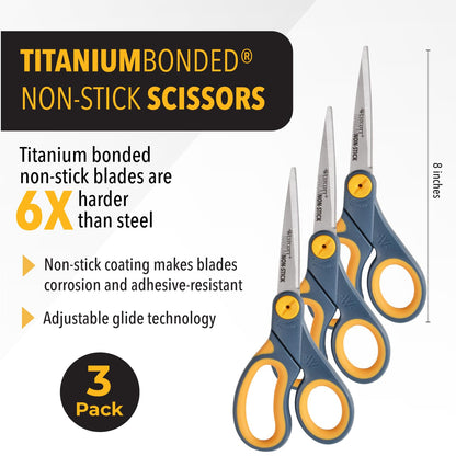 Westcott 8-Inch Titanium-Bonded Non-Stick Straight Scissors with Adjustable Glide Feature for Office and Home - Gray/Yellow, 3 Pack
