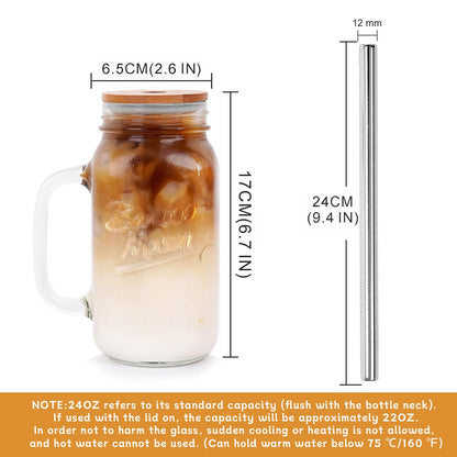 ANOTION Mason Jar with Lid and Straw, 24 oz Regular Mouth Mason Jars with Handle Drinking Glasses Tumbler Reusable Cups Smoothie Water Bottles for Iced Coffee (Classic 2 Cups Style)