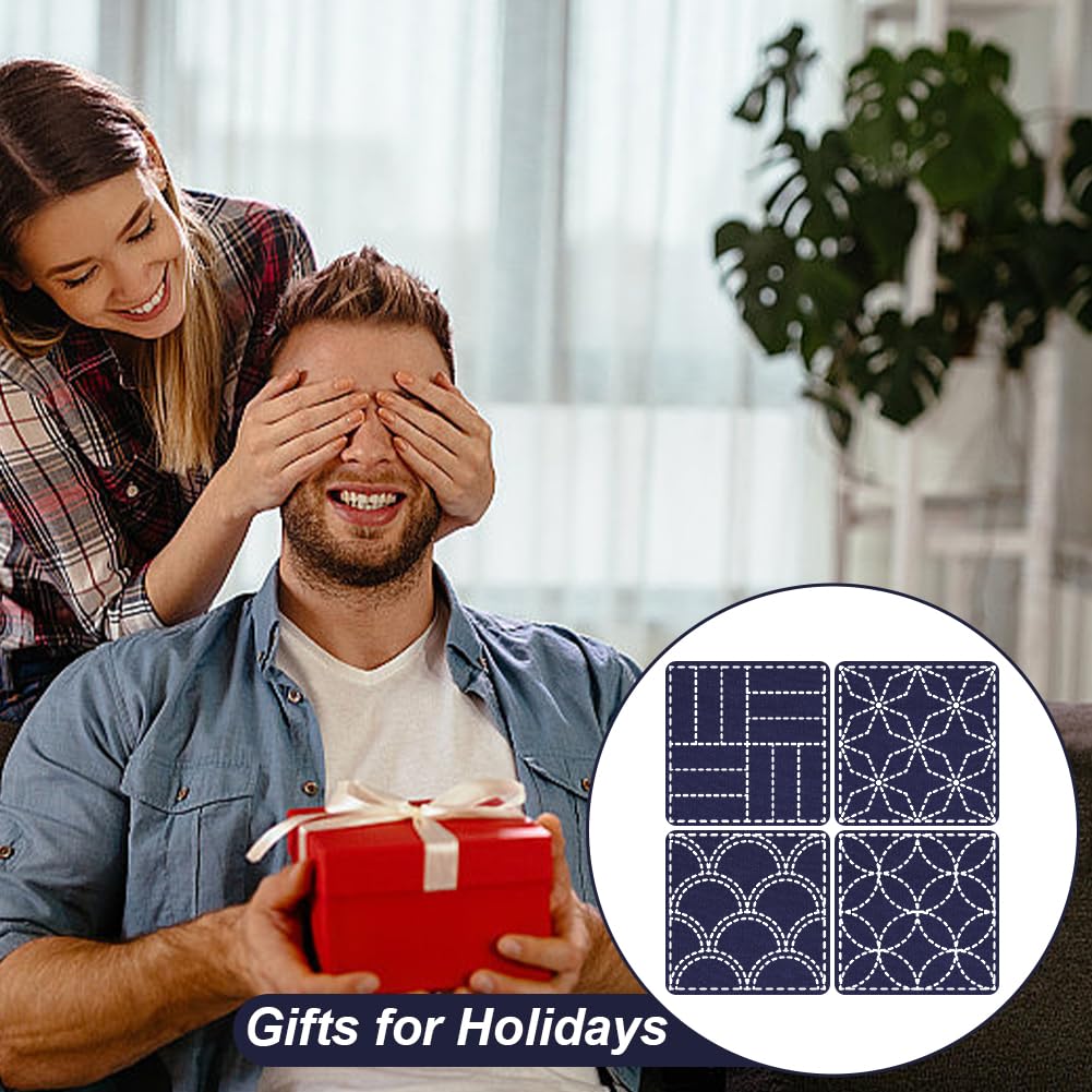 FREEBLOSS 4 Set Sashiko Coasters DIY Kit with Instructions Pre- Printed Sashiko Kit for Beginners Sashiko Practice Project Traditional Embroidery Kit Sashiko Printed Cloth Coaster for Housewarming