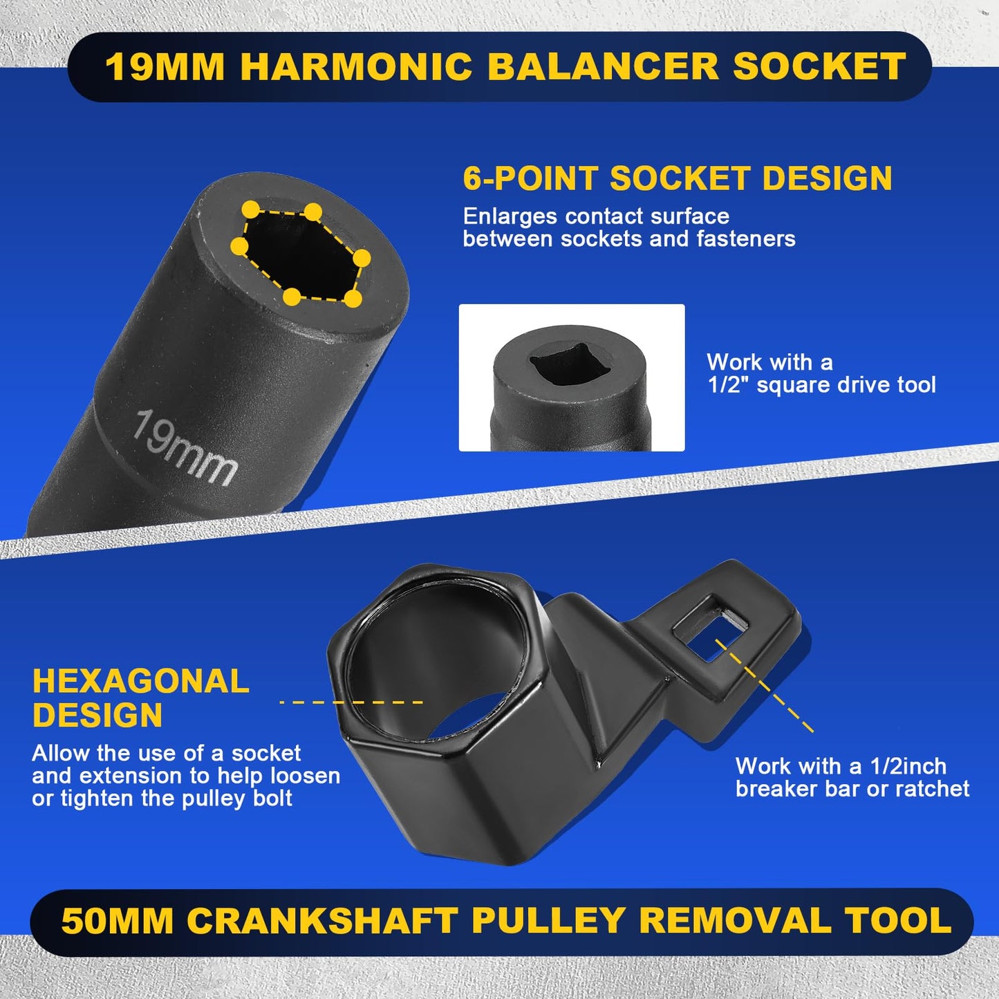 DASBET 19mm Harmonic Balancer Socket and 50mm Hex Crankshaft Crank Damper Pulley Holding Wrench Socket Tool Compatible for Honda Acura