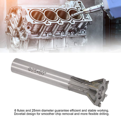 Dovetail Milling Cutter 6 Flute 60 Degree 25mm Diameter Carbide End Mill Straight Shank for General Ferrous Nonferrous Metals Machining