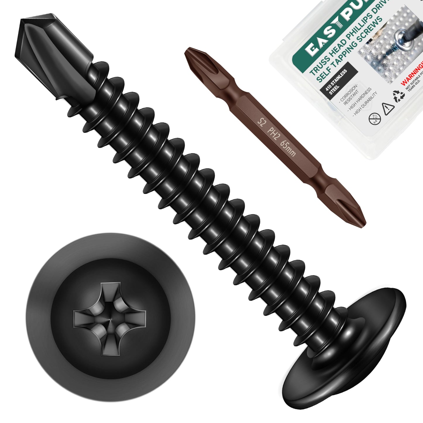 EASTPUK #8 x 1-1/4" Black Self Tapping Screws for Metal, Truss Head Phillips Drive 410 Stainless Steel Self Drilling Sheet Metal Screws with Drill Bit, Fast Tapping (Box of 200)