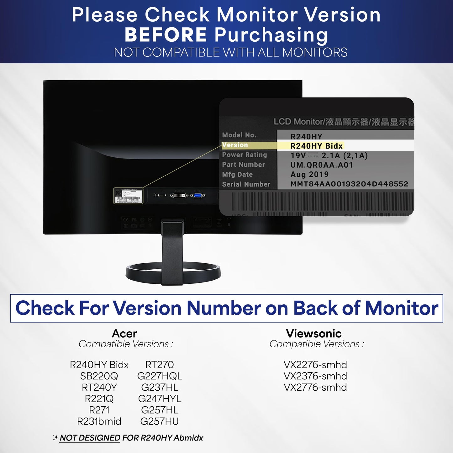 VIVO Quick Attach VESA Adapter Plate, Designed for Acer and Viewsonic Monitors Including R240HY bidx, SB220Q, RT240Y, R221Q, RT270, G227HQL, VX2276-smhd, and More, VESA up to 100x100, MOUNT-AR240H