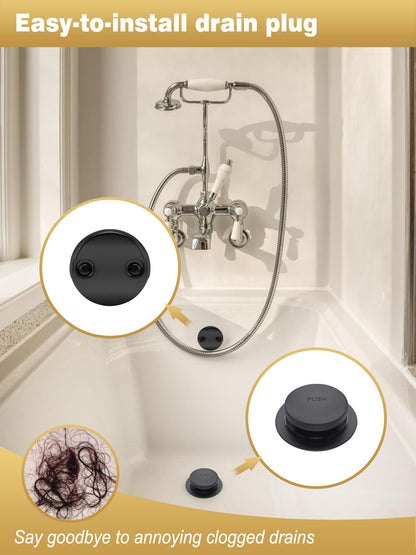 Tip-Toe Bathtub Drain Stopper, Tub Drain Set with 2-Hole Overflow Faceplate and Universal Fine/Coarse Thread, Bath Tub Plug Kit Assembly Fits 1-3/8" or 1-1/2" Bath Drain (Black)
